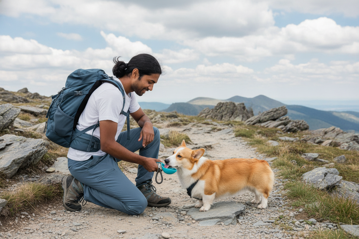 A person hiking with a dog, using a portable pet water bottle to give the dog water. The background is a soft blue and white 