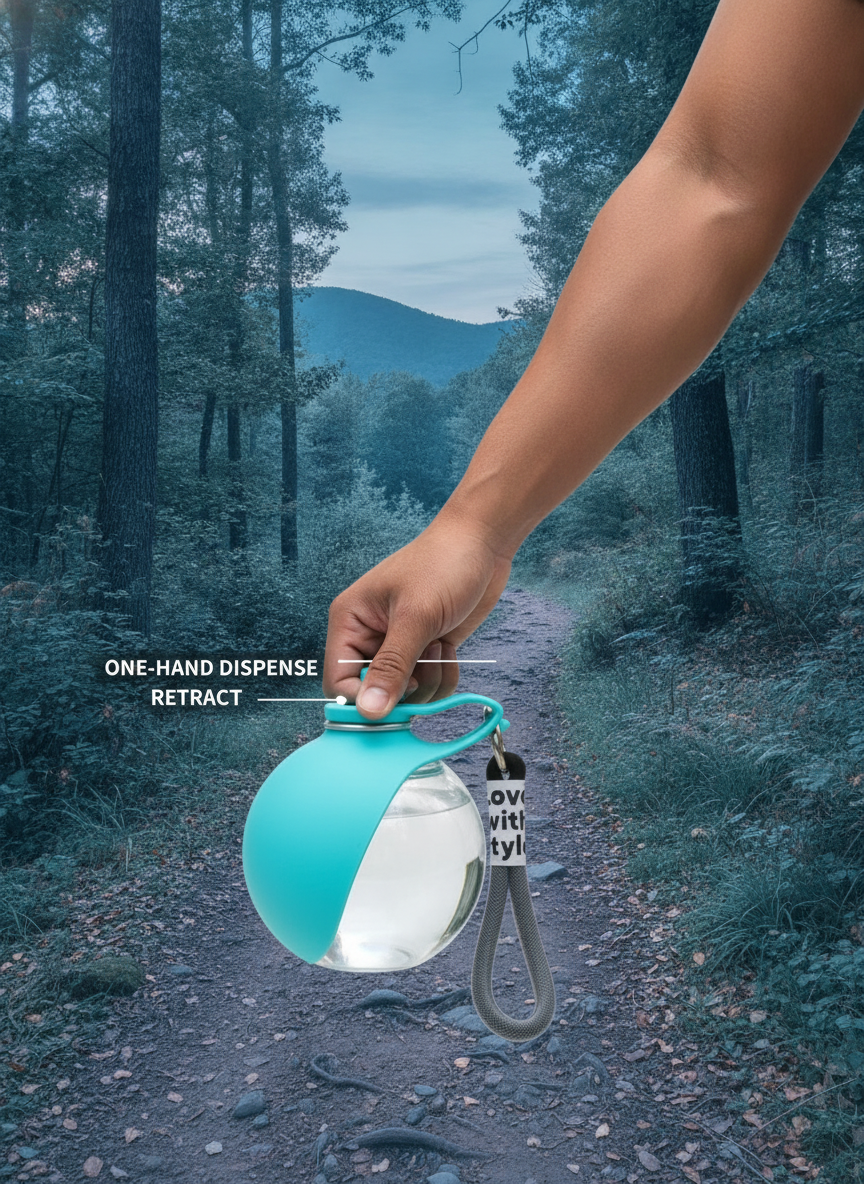 A portable pet water bottle being used by a person on a hiking trail, demonstrating its one-handed operation.